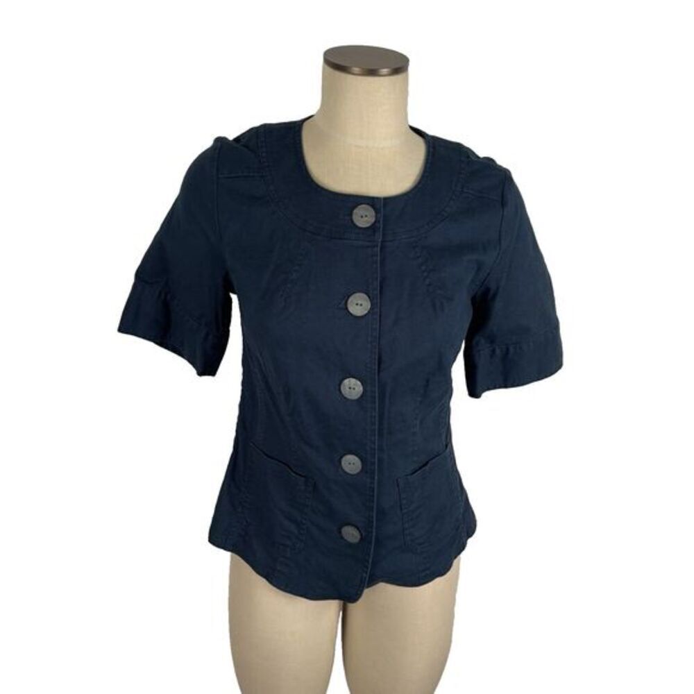 J Jill Teal Blue Linen Blend Fitted Button Front Shirt Top Blazer Sz 6 Career